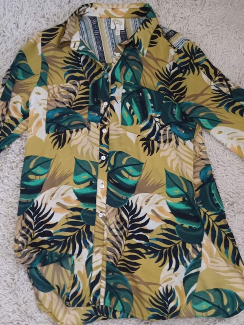 Fig & Flower Tropical Blouse Womens L Palm Leaf Button Up Boho Resort Shirt